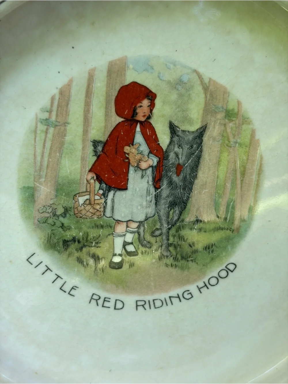 Vintage Little Red Riding Hood Alphabet Nursery Plate - Red & Cream